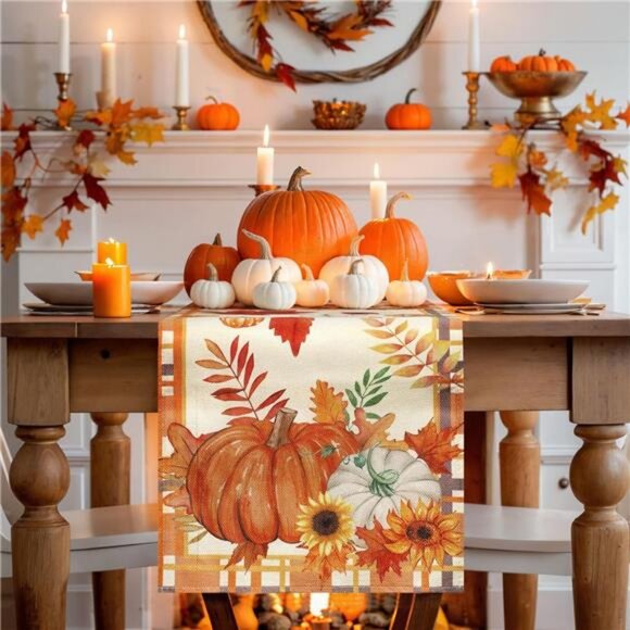 Fall Table Runner, Plaid Pumpkin Maple Leaves Table Runners for Autumn Harvest - Picture 6 of 7
